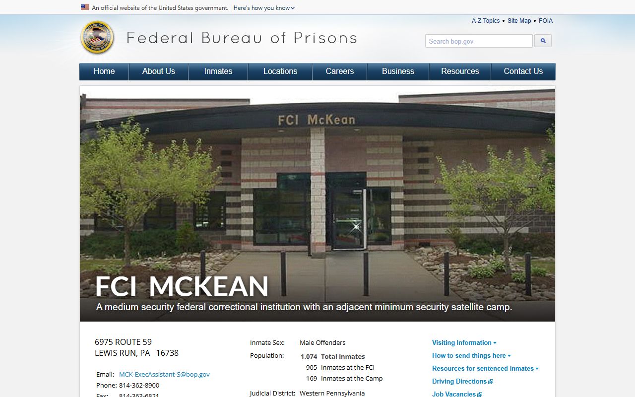 Federal Correctional Institution McKean BOP inmate facility page