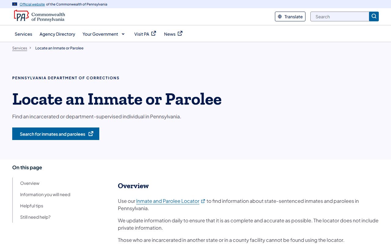 McKean County inmate records PA DOC locator service page